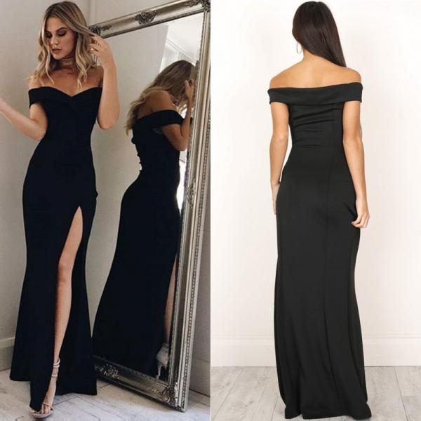 Off Shoulder Casual High Waist Long Maxi Dresses Skinny Slim Party Evening Dress - Black/Pink (S-XL) - stringsmall