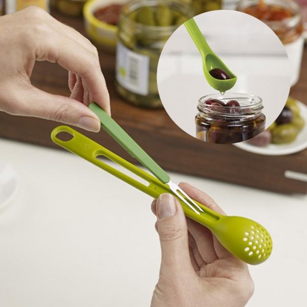 Practical 2-in-1 Pickle Olive Strainer Spoon Fork Kitchen Tool Green