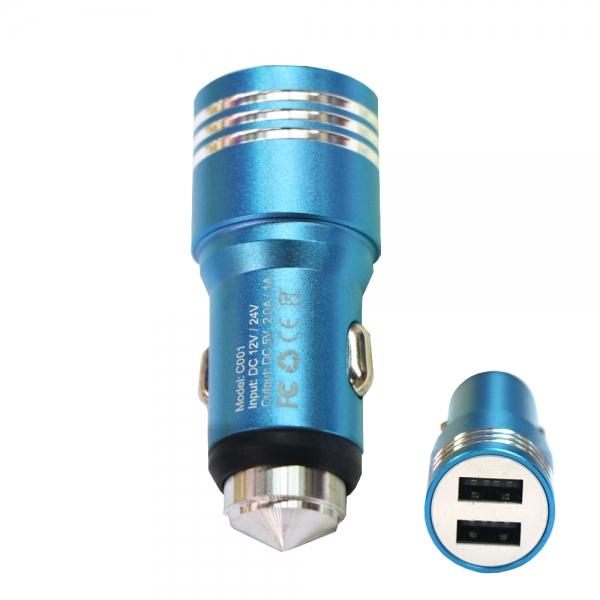 Retractable Dual USB DC12-24V Flexible Safety Hammer Charger Blue