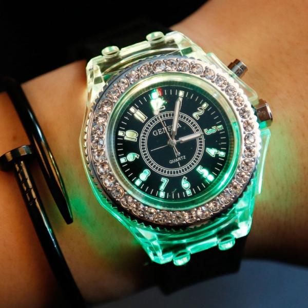 Rhinestones Bezel Colorful Flash Light Jelly Luminous Quartz Wrist Watch Mint Green