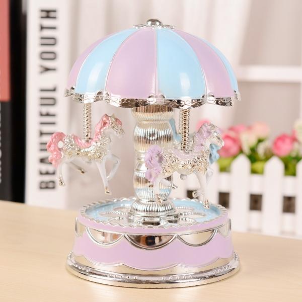 Romantic Dome Carousel Music Box Birthday Gift with Light Blue