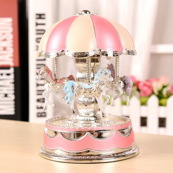 Romantic Dome Carousel Music Box Birthday Gift with Light Pink