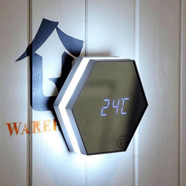 Small Digital Alarm Clock Creative Hexagonal Rechargeable LED Makeup Mirror Surface LED Night Light with Voice Control and Sound Sensitive - Silver