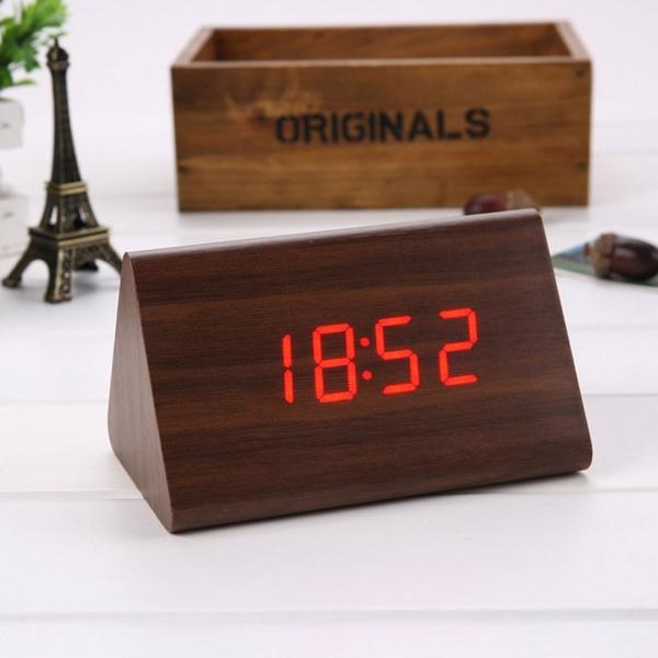 Sound Control Triangle Wooden LED Alarm Clock Digital Thermometer Calendar Brown Wood & Red Light