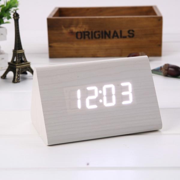 Sound Control Triangle Wooden LED Alarm Clock Digital Thermometer Calendar White Wood & White Light