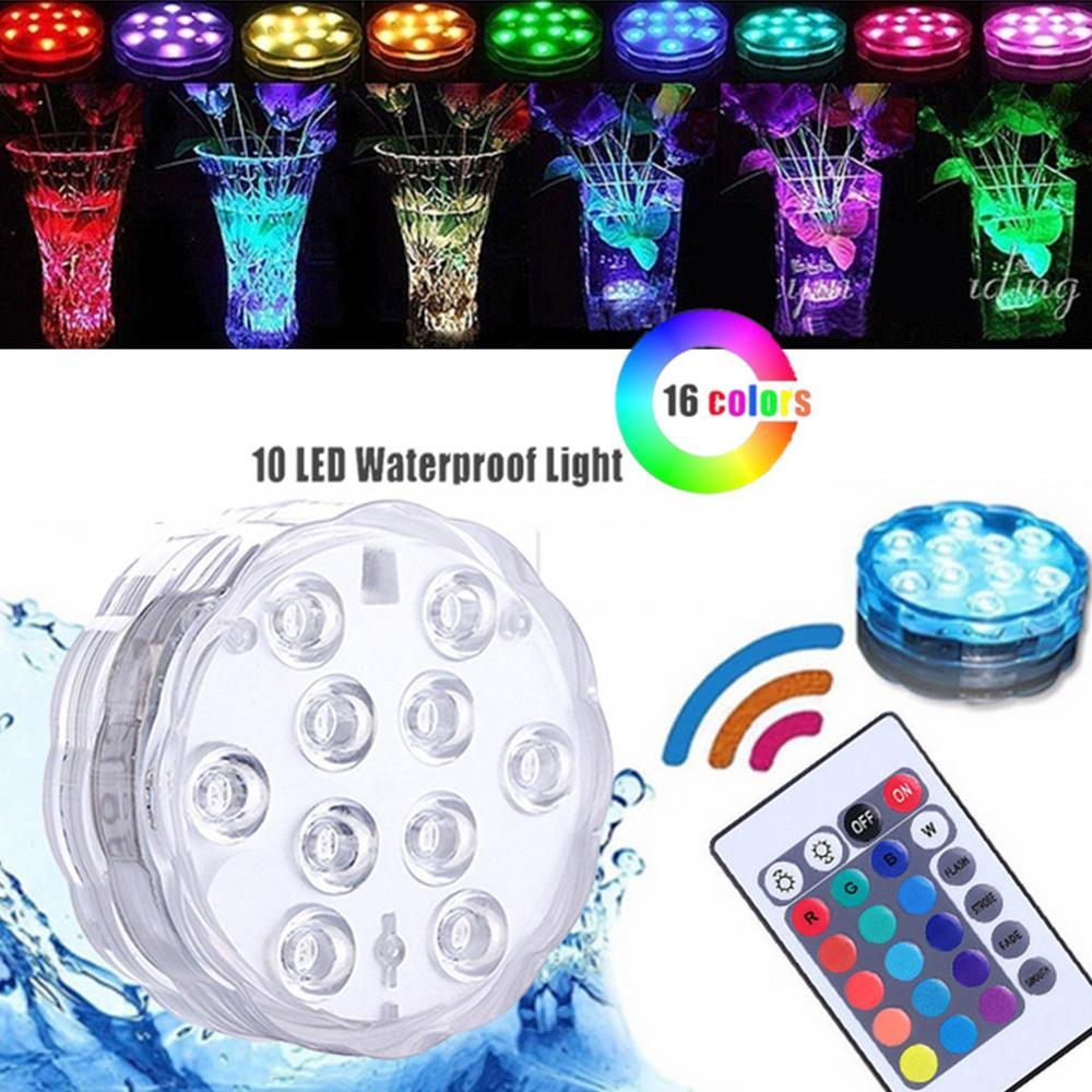 Submersible LED Lights 10 LED RGB Underwater Fishing Lamp Battery Operated Remote Control Wireless Multi Color Tub Swimming Pool