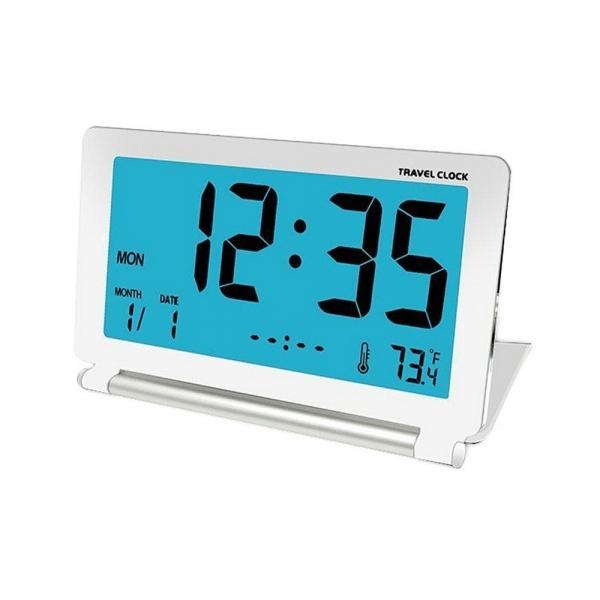 Travel Alarm Clock LCD Mini Digital Desk Folding Electronic Alarm With Backlight - White