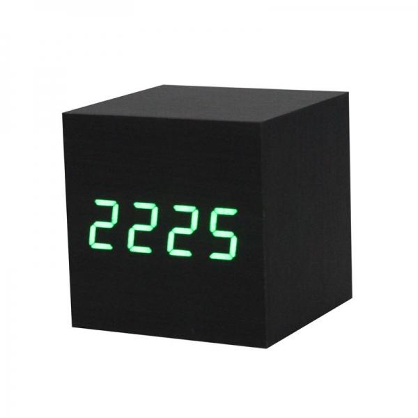 Voice Control Cube Digital Alarm Clock w/ Thermometer Calendar Black Wood & Green LED