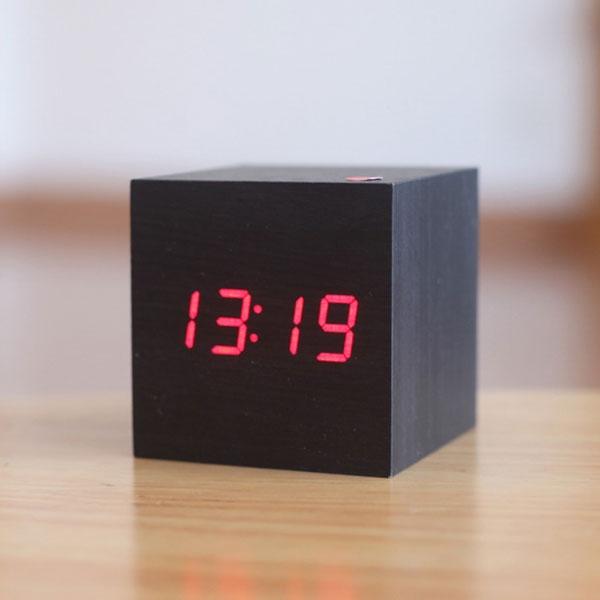 Voice Control Cube Digital Alarm Clock w/ Thermometer Calendar Black Wood & Red LED