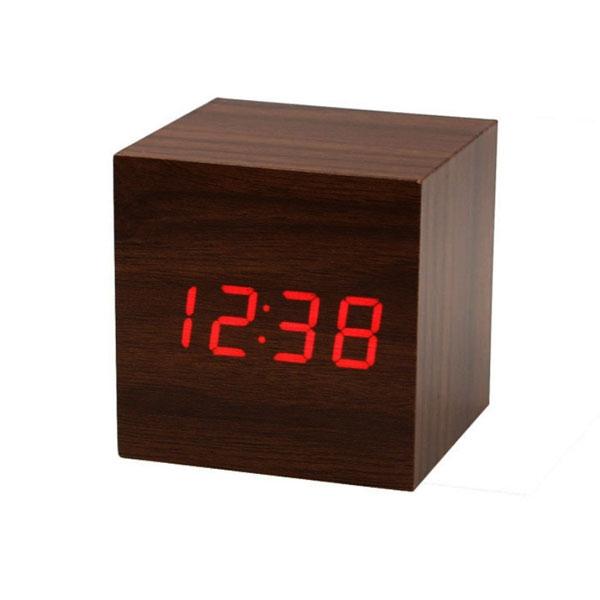 Voice Control Cube Digital Alarm Clock w/ Thermometer Calendar Rosewood & Red LED