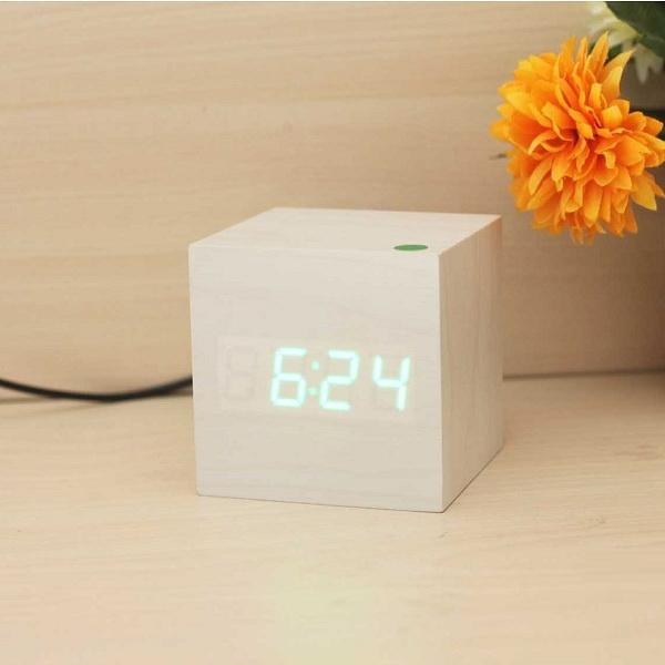 Voice Control Cube Digital Alarm Clock w/ Thermometer Calendar White Wood & Green LED