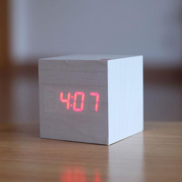 Voice Control Cube Digital Alarm Clock w/ Thermometer Calendar White Wood & Red LED