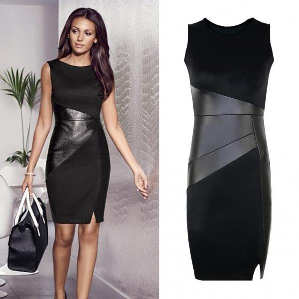 O Neck Sleeveless Faux Leather Splice OL Pencil Dress Elegant Slim Bodycon Dress - Black (S-5XL) - stringsmall